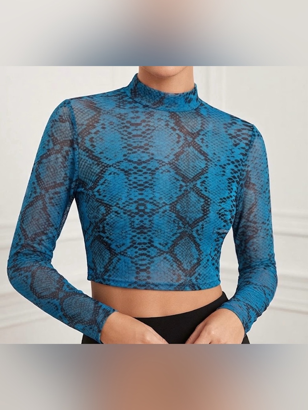 SHEIN Blue Black Snake Print Mesh Mock Neck Long Sleeve Crop Top Size Medium